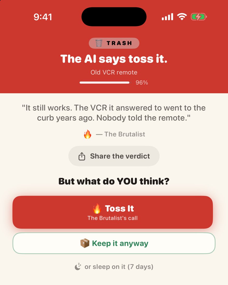 DeHoardMe: a toss verdict for an old VCR remote, with The Brutalist's one-line quip and buttons to toss it, keep it anyway, or sleep on it.