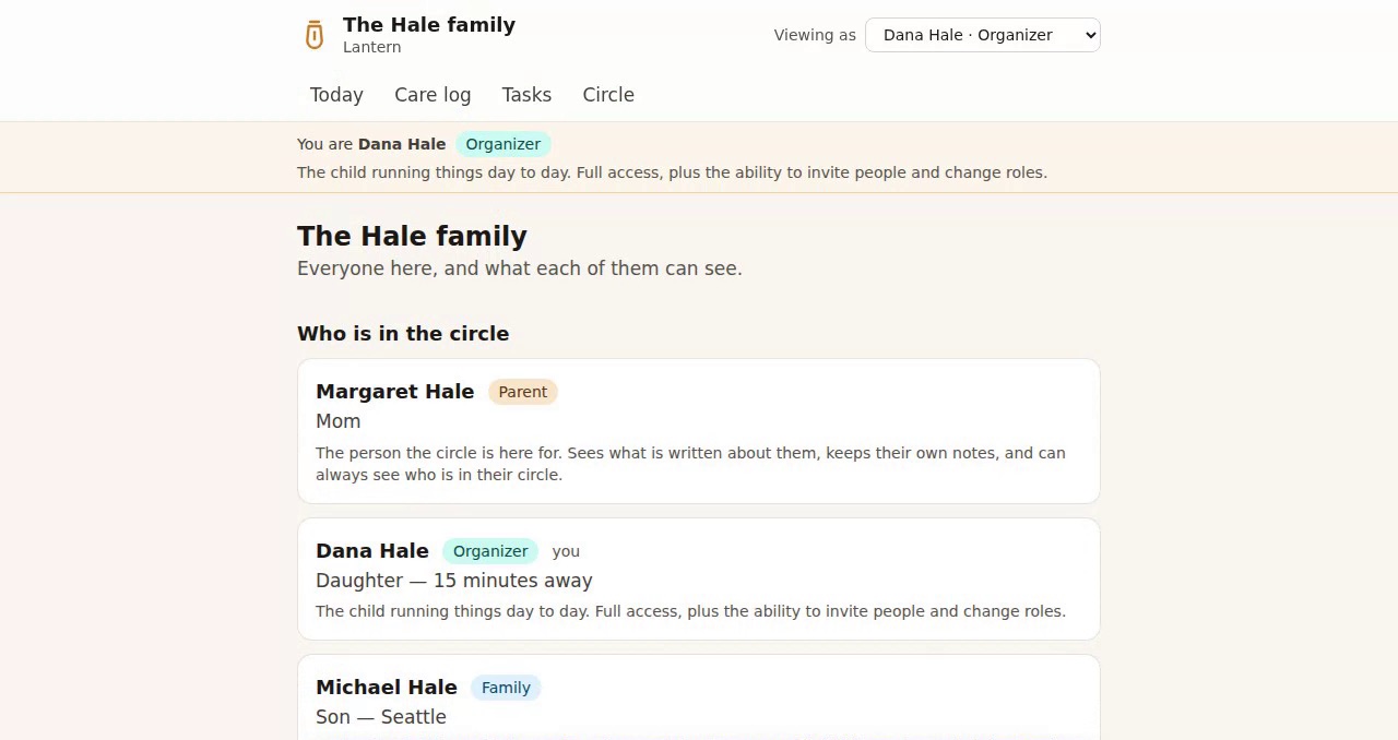 Lantern: the circle for a seeded demo family, with each person's role and what they can see.